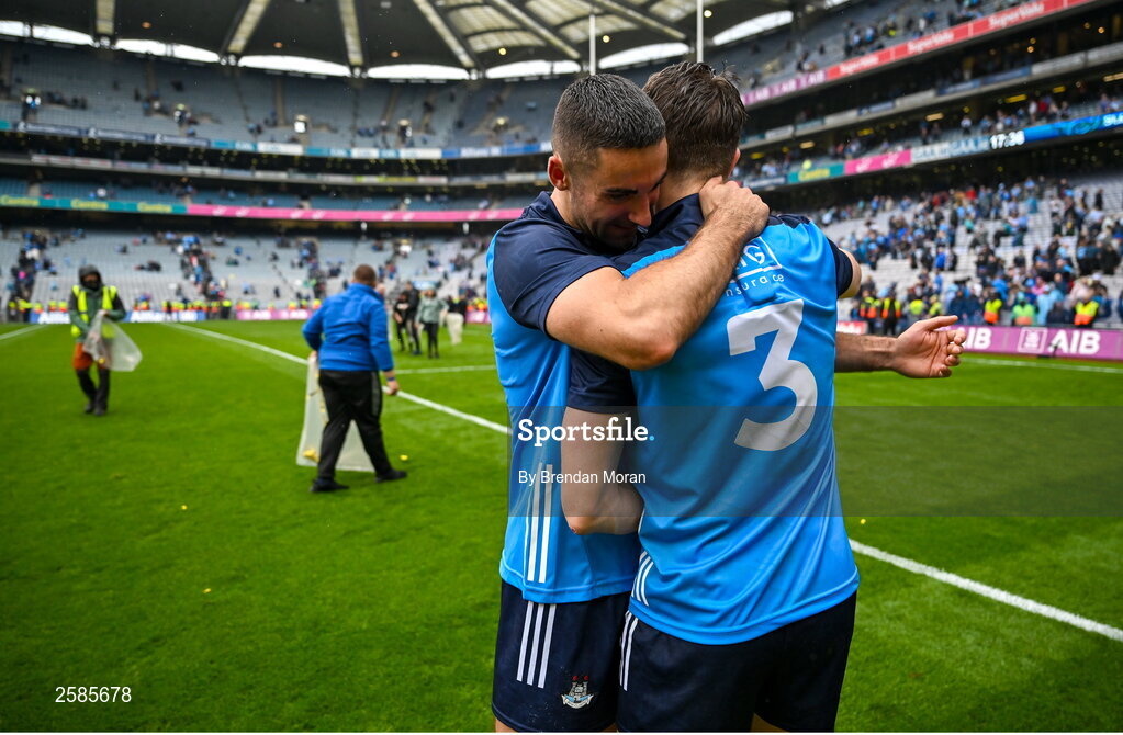 30 July 2023; James McCarthy, left, and Michael Fitzsimons of Dublin celebrate after the GAA Football All-Ireland Senior Championship final match between Dublin and Kerry at Croke Park in Dublin. Photo by Brendan Moran/Sportsfile