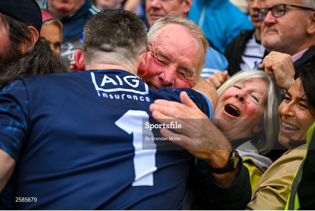 30 July 2023; Pat and Clare Cluxton celebrate with their son Dublin goalkeeper Stephen Cluxton after the GAA Football All-Ireland Senior Championship final match between Dublin and Kerry at Croke Park in Dublin. Photo by Brendan Moran/Sportsfile