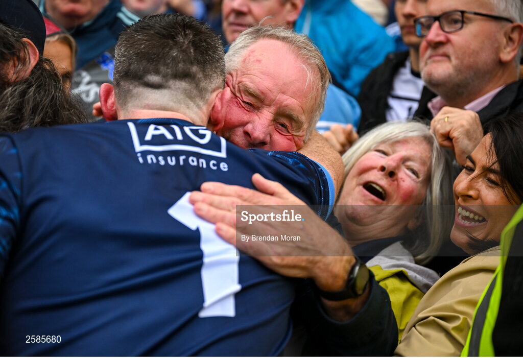 30 July 2023; Pat and Clare Cluxton celebrate with their son Dublin goalkeeper Stephen Cluxton after the GAA Football All-Ireland Senior Championship final match between Dublin and Kerry at Croke Park in Dublin. Photo by Brendan Moran/Sportsfile