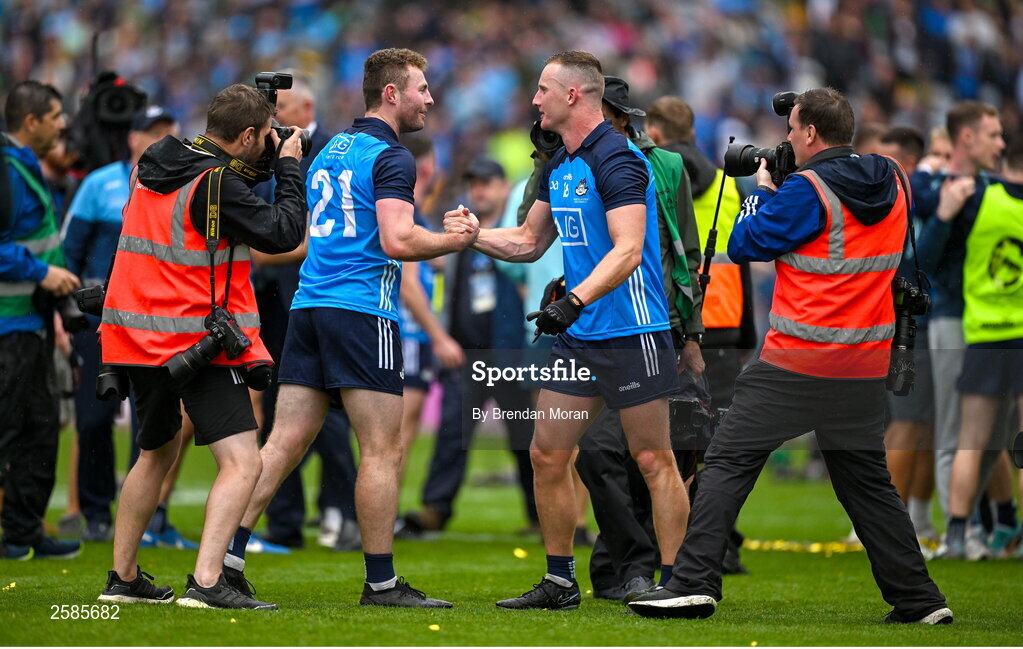 30 July 2023; Dublin players Jack McCaffrey, left, and Ciaran Kilkenny of Dublin celebrate after the GAA Football All-Ireland Senior Championship final match between Dublin and Kerry at Croke Park in Dublin. Photo by Brendan Moran/Sportsfile