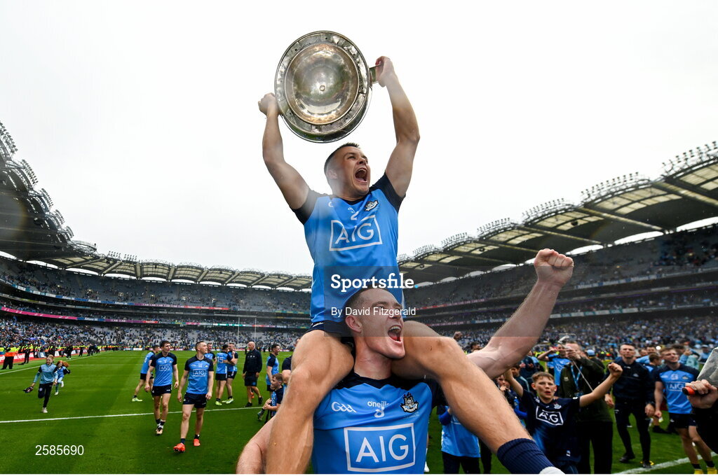 30 July 2023; Brian Fenton, bottom, and Eoin Murchan of Dublin celebrate with the Sam Maguire cup after the GAA Football All-Ireland Senior Championship final match between Dublin and Kerry at Croke Park in Dublin. Photo by David Fitzgerald/Sportsfile