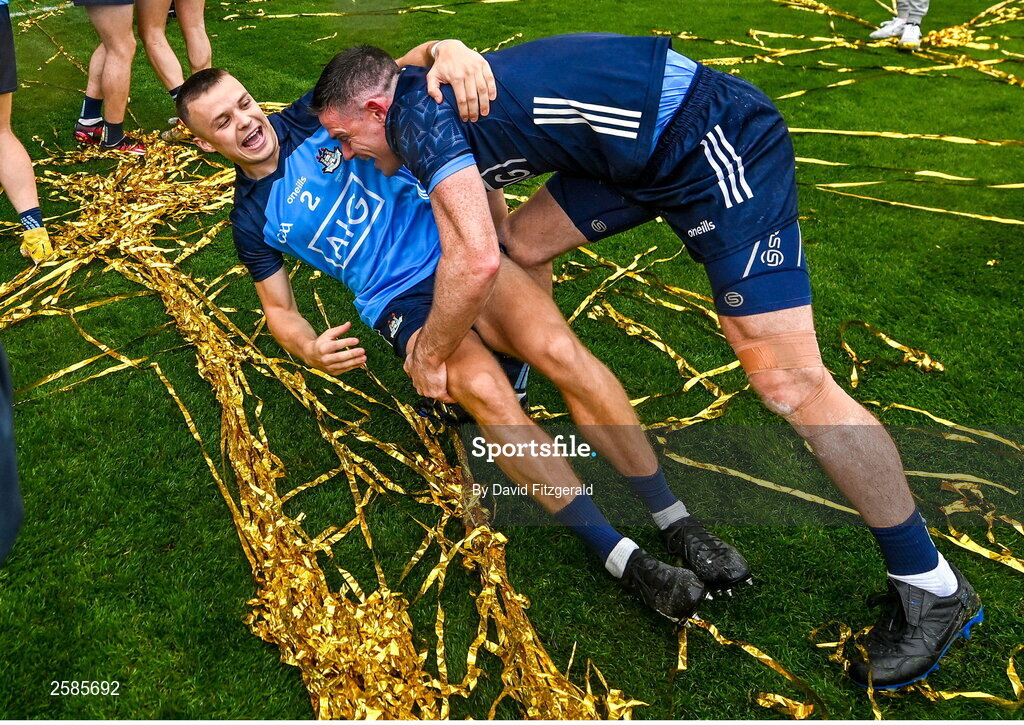 30 July 2023; Stephen Cluxton, right, and Eoin Murchan of Dublin after the GAA Football All-Ireland Senior Championship final match between Dublin and Kerry at Croke Park in Dublin. Photo by David Fitzgerald/Sportsfile