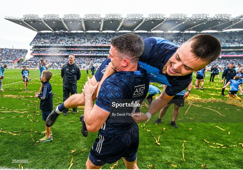 30 July 2023; Stephen Cluxton, bottom, and Eoin Murchan of Dublin after the GAA Football All-Ireland Senior Championship final match between Dublin and Kerry at Croke Park in Dublin. Photo by David Fitzgerald/Sportsfile