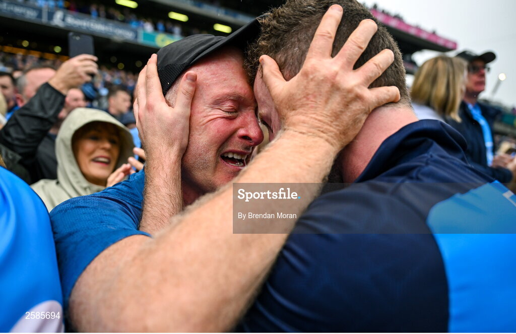 30 July 2023; Former Dublin footballer Dr Noel McCaffrey celebrates with his son Jack McCaffrey after the GAA Football All-Ireland Senior Championship final match between Dublin and Kerry at Croke Park in Dublin. Photo by Brendan Moran/Sportsfile