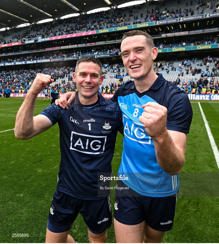 30 July 2023; Stephen Cluxton, left, and Brian Fenton of Dublin celebrate after the GAA Football All-Ireland Senior Championship final match between Dublin and Kerry at Croke Park in Dublin. Photo by David Fitzgerald/Sportsfile