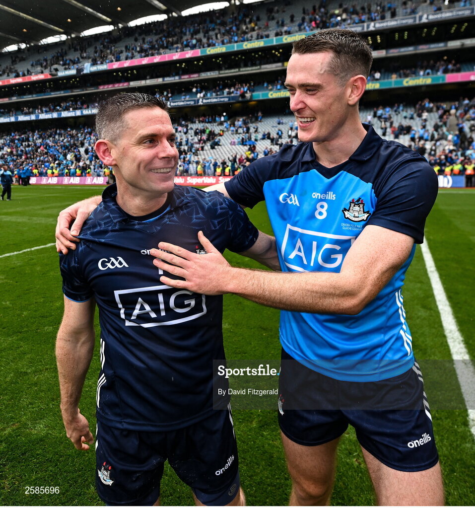 30 July 2023; Stephen Cluxton, left, and Brian Fenton of Dublin celebrate after the GAA Football All-Ireland Senior Championship final match between Dublin and Kerry at Croke Park in Dublin. Photo by David Fitzgerald/Sportsfile