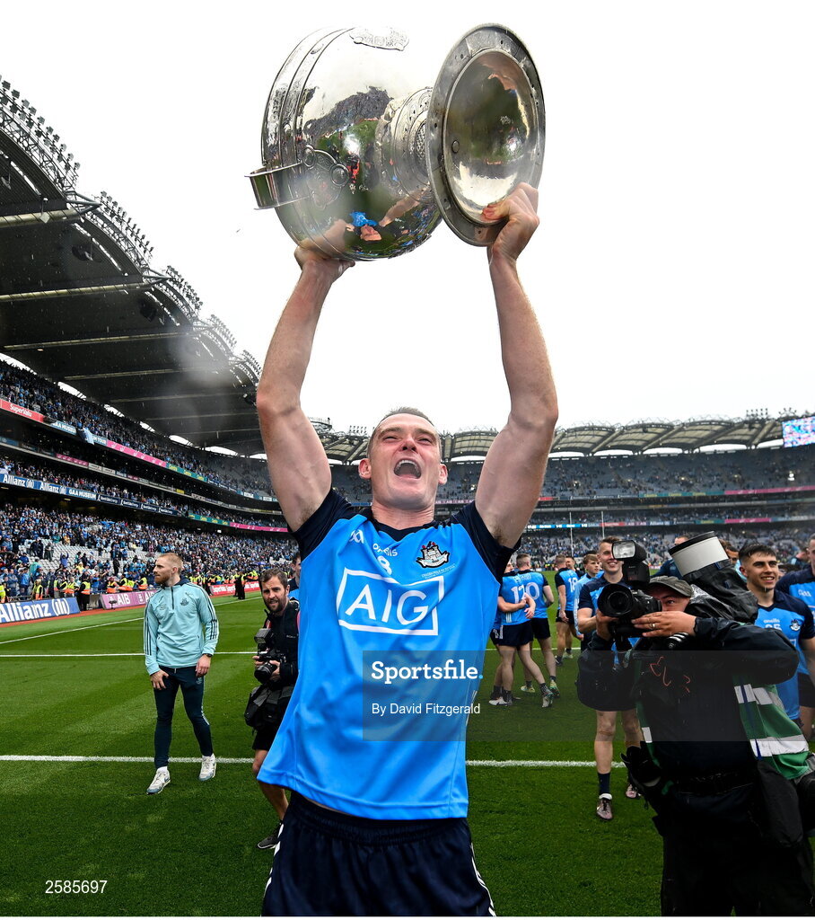 30 July 2023; Brian Fenton of Dublin celebrates with the Sam Maguire cup after the GAA Football All-Ireland Senior Championship final match between Dublin and Kerry at Croke Park in Dublin. Photo by David Fitzgerald/Sportsfile