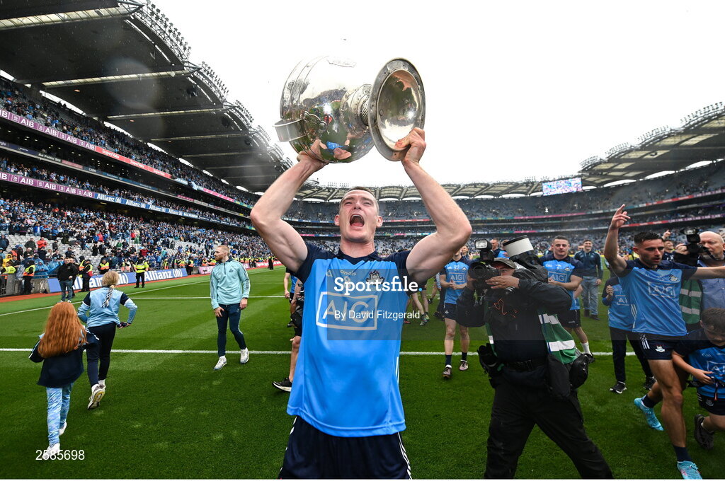 30 July 2023; Brian Fenton of Dublin celebrates with the Sam Maguire cup after the GAA Football All-Ireland Senior Championship final match between Dublin and Kerry at Croke Park in Dublin. Photo by David Fitzgerald/Sportsfile
