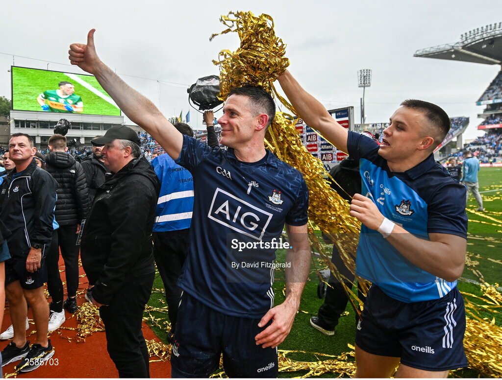 30 July 2023; Eoin Murchan, right, and Stephen Cluxton of Dublin after the GAA Football All-Ireland Senior Championship final match between Dublin and Kerry at Croke Park in Dublin. Photo by David Fitzgerald/Sportsfile