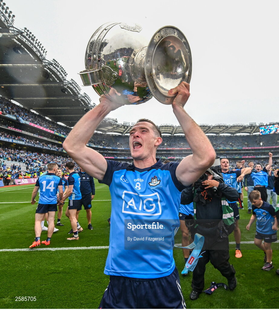 30 July 2023; Brian Fenton of Dublin celebrates with the Sam Maguire cup after the GAA Football All-Ireland Senior Championship final match between Dublin and Kerry at Croke Park in Dublin. Photo by David Fitzgerald/Sportsfile