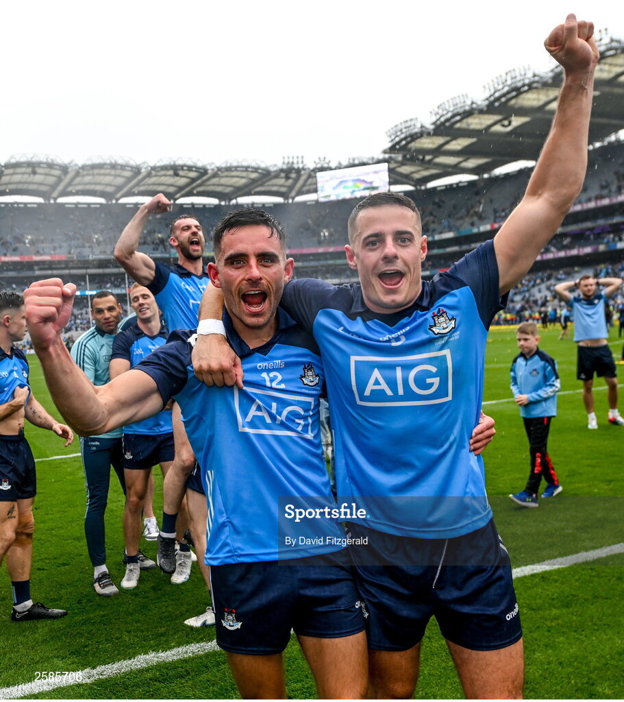 30 July 2023; Niall Scully, left, and Brian Howard of Dublin after the GAA Football All-Ireland Senior Championship final match between Dublin and Kerry at Croke Park in Dublin. Photo by David Fitzgerald/Sportsfile