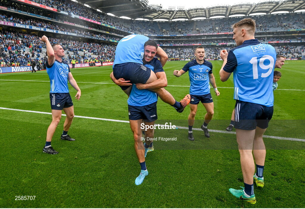 30 July 2023; Niall Scully of Dublin lifts teammate Brian Howard after the GAA Football All-Ireland Senior Championship final match between Dublin and Kerry at Croke Park in Dublin. Photo by David Fitzgerald/Sportsfile