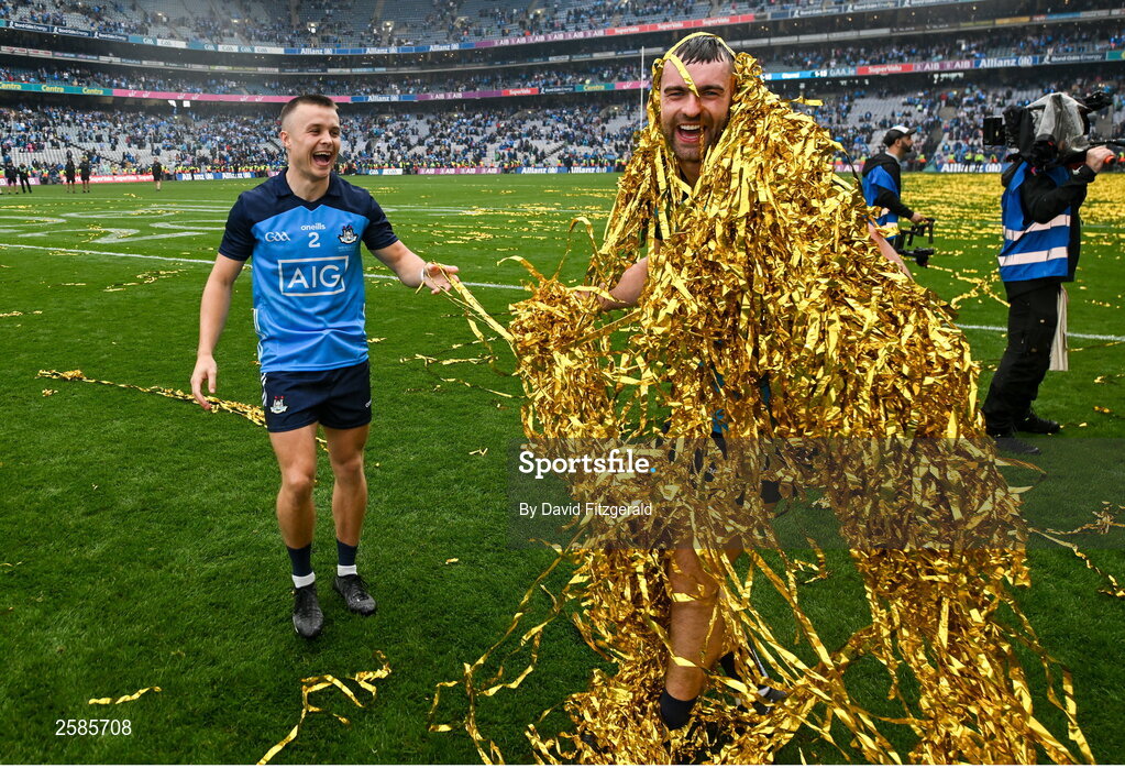 30 July 2023; Seán MacMahon, right, and Eoin Murchan of Dublin after the GAA Football All-Ireland Senior Championship final match between Dublin and Kerry at Croke Park in Dublin. Photo by David Fitzgerald/Sportsfile