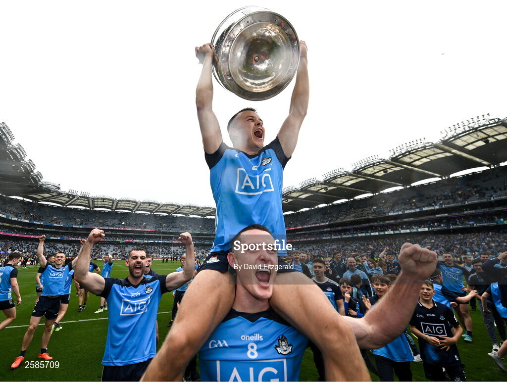 30 July 2023; Brian Fenton, bottom, and Eoin Murchan of Dublin celebrate with the Sam Maguire cup after the GAA Football All-Ireland Senior Championship final match between Dublin and Kerry at Croke Park in Dublin. Photo by David Fitzgerald/Sportsfile