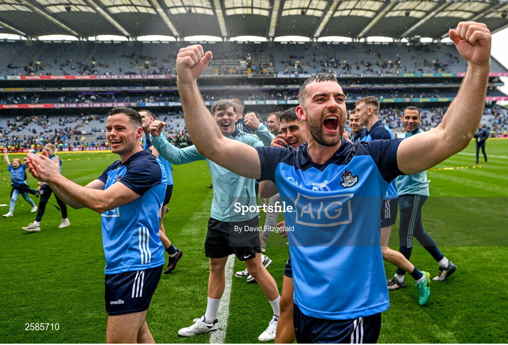 30 July 2023; Seán MacMahon of Dublin celebrates after the GAA Football All-Ireland Senior Championship final match between Dublin and Kerry at Croke Park in Dublin. Photo by David Fitzgerald/Sportsfile