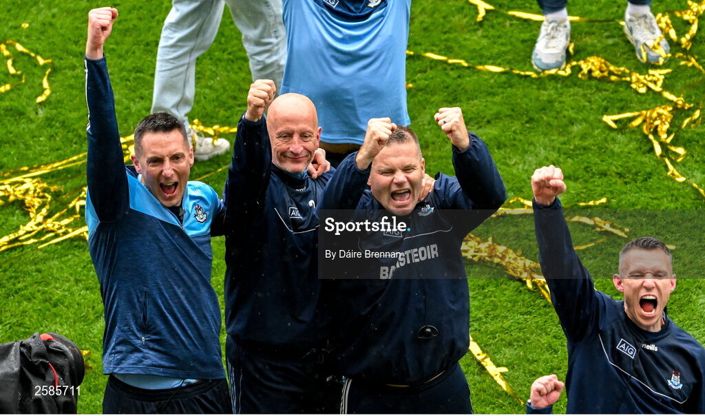 30 July 2023; Dublin manager Dessie Farrell celebrates as James McCarthy lifts the Sam Maguire cup after the GAA Football All-Ireland Senior Championship final match between Dublin and Kerry at Croke Park in Dublin. Photo by Daire Brennan/Sportsfile