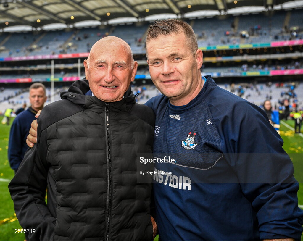 30 July 2023; Former Dublin selector Mickey Whelan with Dublin manager Dessie Farrell after the GAA Football All-Ireland Senior Championship final match between Dublin and Kerry at Croke Park in Dublin. Photo by Ray McManus/Sportsfile