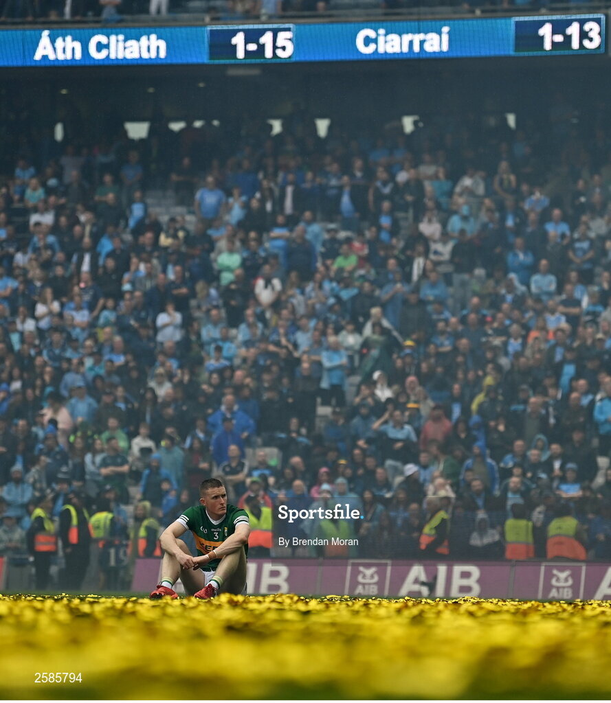 30 July 2023; A dejected Jason Foley of Kerry after his side's loss in the GAA Football All-Ireland Senior Championship final match between Dublin and Kerry at Croke Park in Dublin. Photo by Brendan Moran/Sportsfile