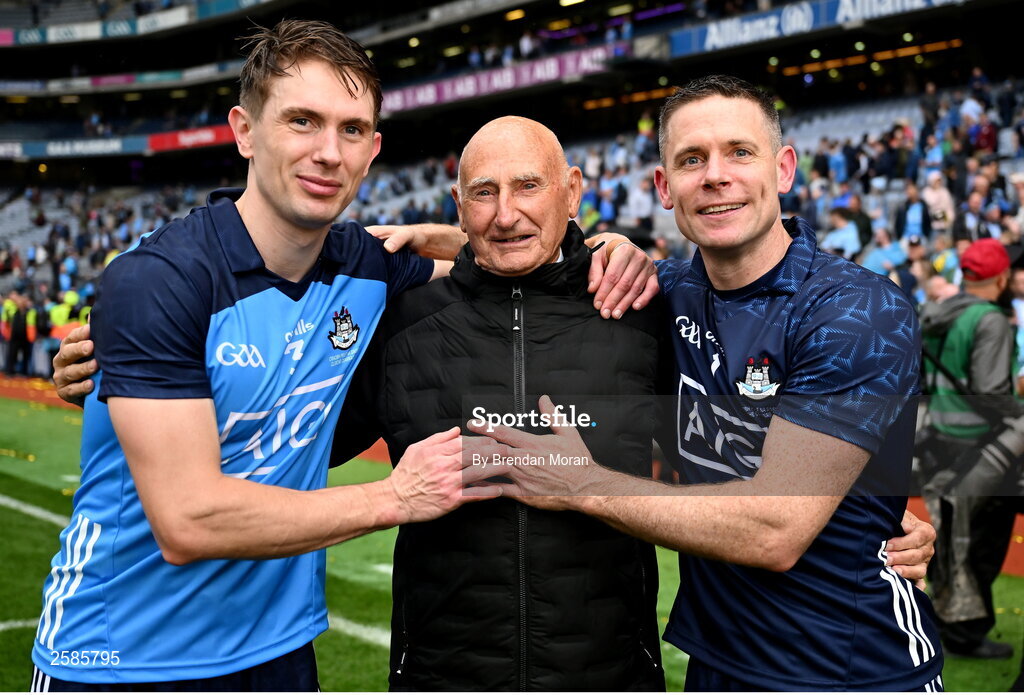30 July 2023; Dublin players Michael Fitzsimons, left, and Stephen Cluxton with former Dublin player and selector Mickey Whelan after the GAA Football All-Ireland Senior Championship final match between Dublin and Kerry at Croke Park in Dublin. Photo by Brendan Moran/Sportsfile