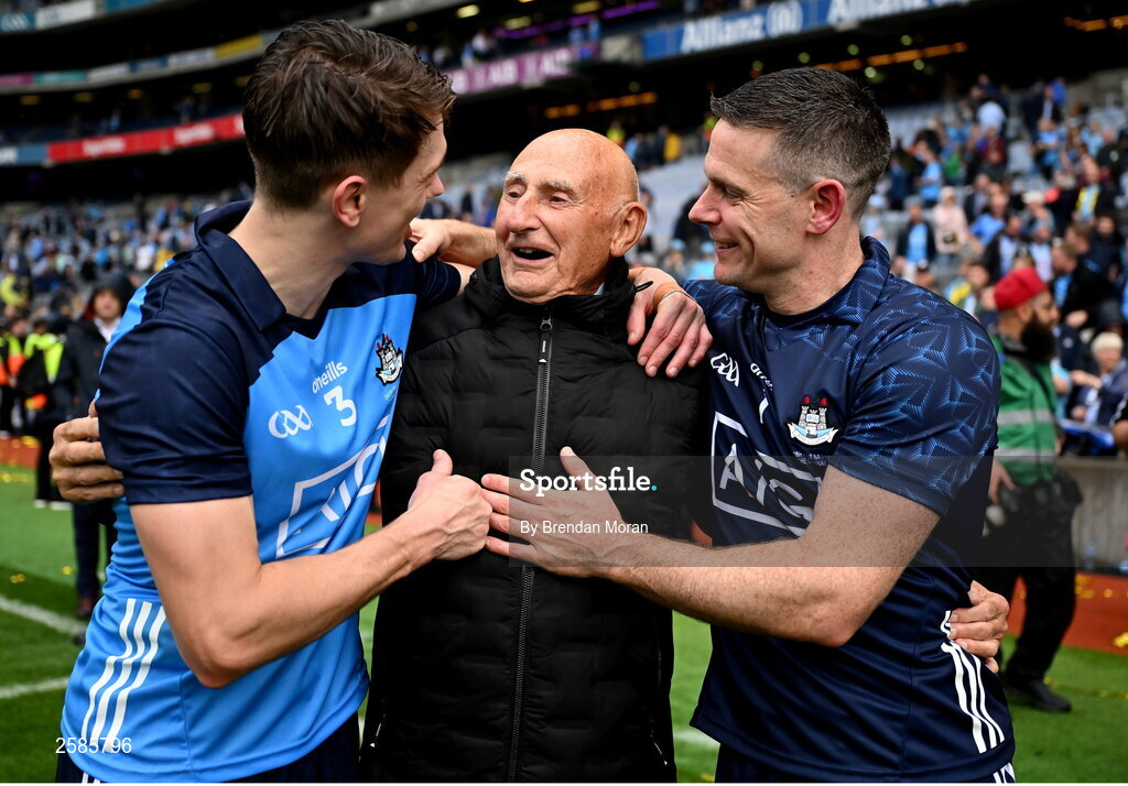 30 July 2023; Dublin players Michael Fitzsimons, left, and Stephen Cluxton with former Dublin player and selector Mickey Whelan after the GAA Football All-Ireland Senior Championship final match between Dublin and Kerry at Croke Park in Dublin. Photo by Brendan Moran/Sportsfile