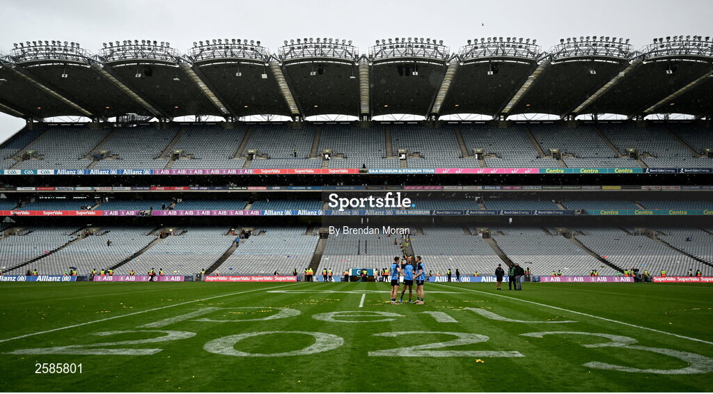 30 July 2023; Dublin players, from left, Michael Fitzsimons, James McCarthy and Dean Rock walk out to the middle of the pitch following the celebrations after their victory in the GAA Football All-Ireland Senior Championship final match between Dublin and Kerry at Croke Park in Dublin. Photo by Brendan Moran/Sportsfile
