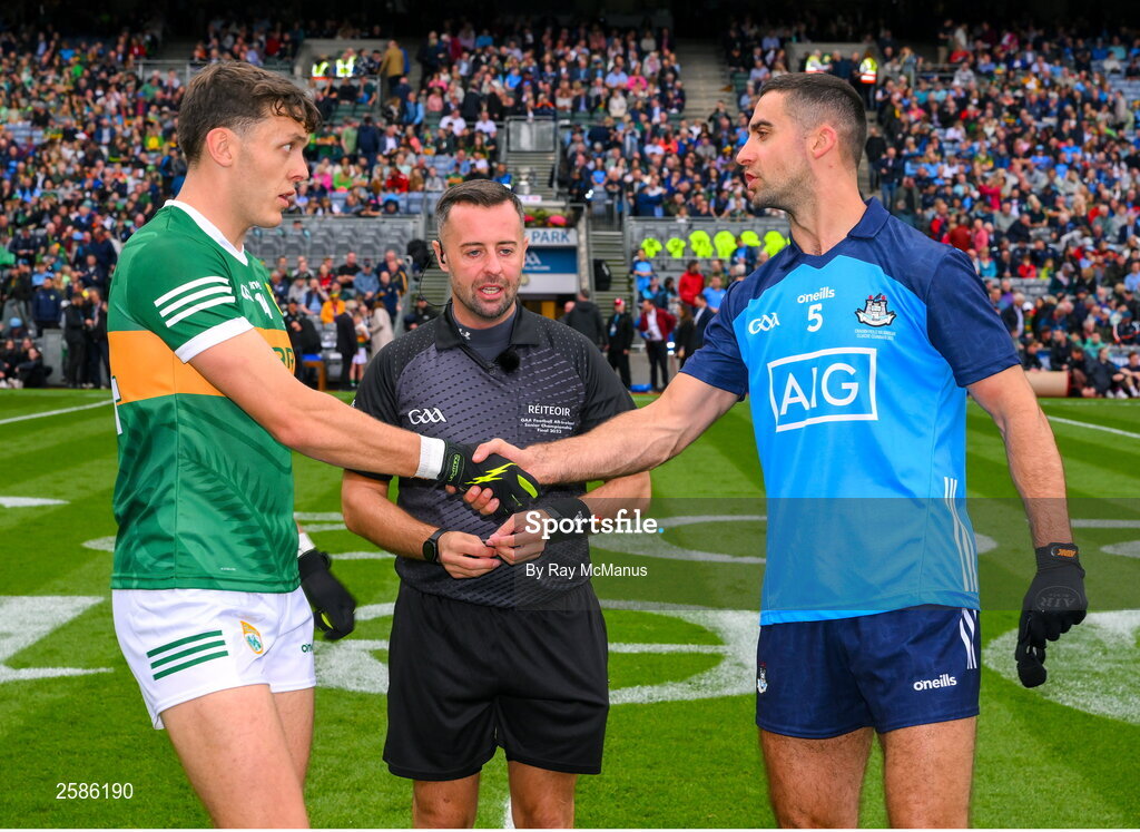 30 July 2023; Referee David Gough with the Kerry and Dublin captains, David Clifford and James McCarthy, ahead of the GAA Football All-Ireland Senior Championship final match between Dublin and Kerry at Croke Park in Dublin. Photo by Ray McManus/Sportsfile