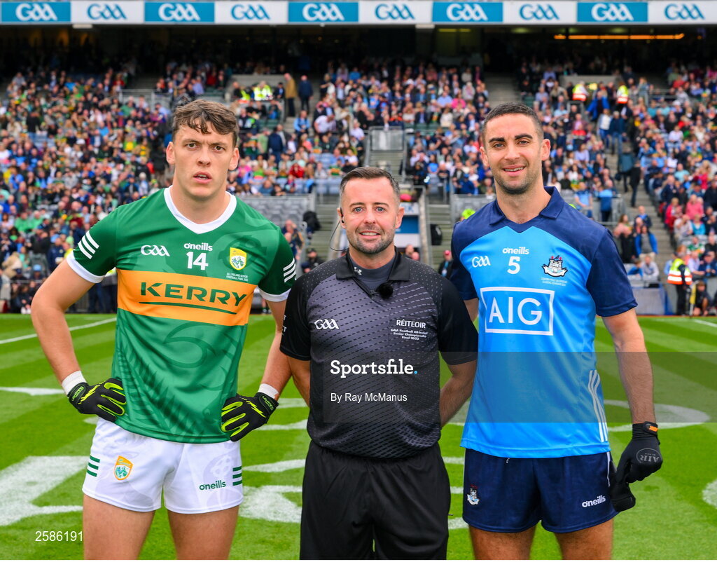 30 July 2023; Referee David Gough with the Kerry and Dublin captains, David Clifford and James McCarthy, ahead of the GAA Football All-Ireland Senior Championship final match between Dublin and Kerry at Croke Park in Dublin. Photo by Ray McManus/Sportsfile