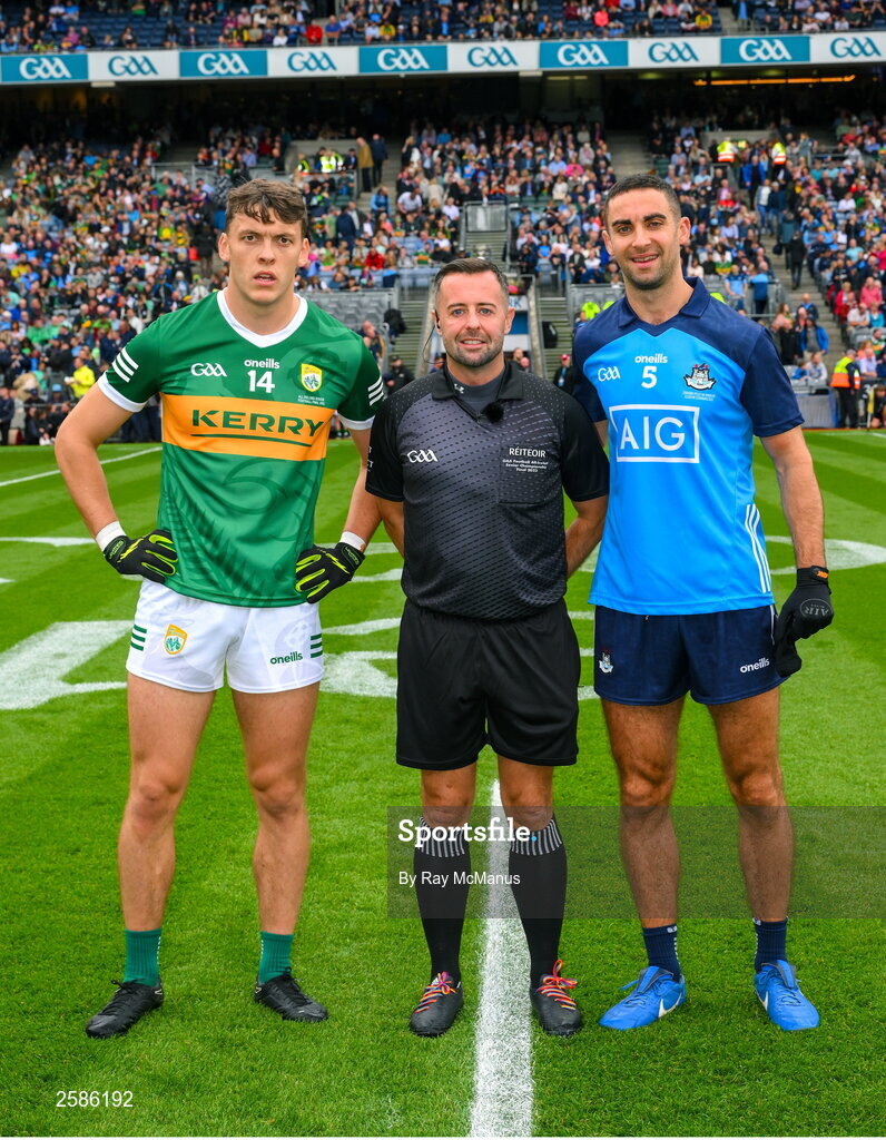 30 July 2023; Referee David Gough with the Kerry and Dublin captains, David Clifford and James McCarthy, ahead of the GAA Football All-Ireland Senior Championship final match between Dublin and Kerry at Croke Park in Dublin. Photo by Ray McManus/Sportsfile