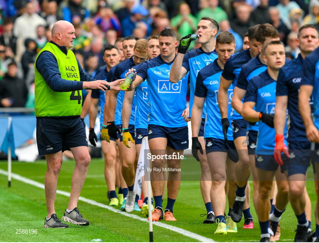 30 July 2023; Pat Gilroy of Dublin, left, with Brian Howard of Dublin before the GAA Football All-Ireland Senior Championship final match between Dublin and Kerry at Croke Park in Dublin. Photo by Ray McManus/Sportsfile