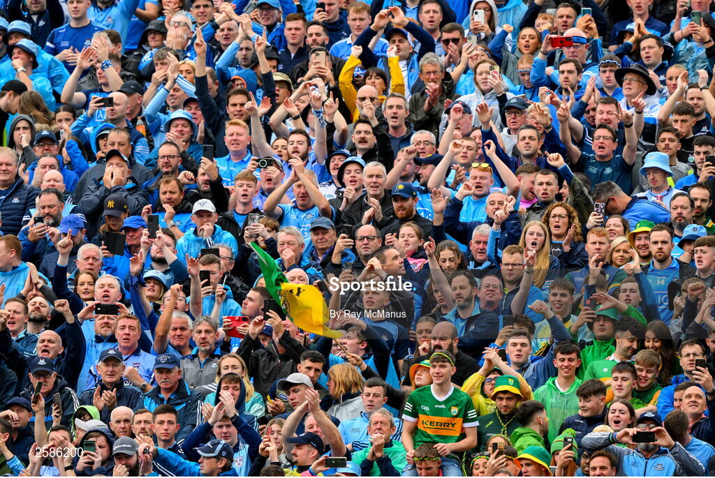 30 July 2023; Dublin and Kerry supporters, on Hill 16, before the GAA Football All-Ireland Senior Championship final match between Dublin and Kerry at Croke Park in Dublin. Photo by Ray McManus/Sportsfile