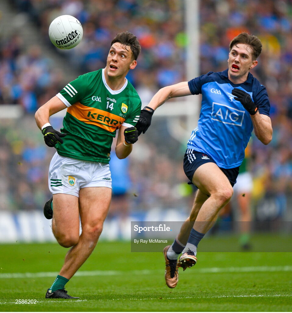 30 July 2023; David Clifford of Kerry is tackled by Michael Fitzsimons of Dublin during the GAA Football All-Ireland Senior Championship final match between Dublin and Kerry at Croke Park in Dublin. Photo by Ray McManus/Sportsfile