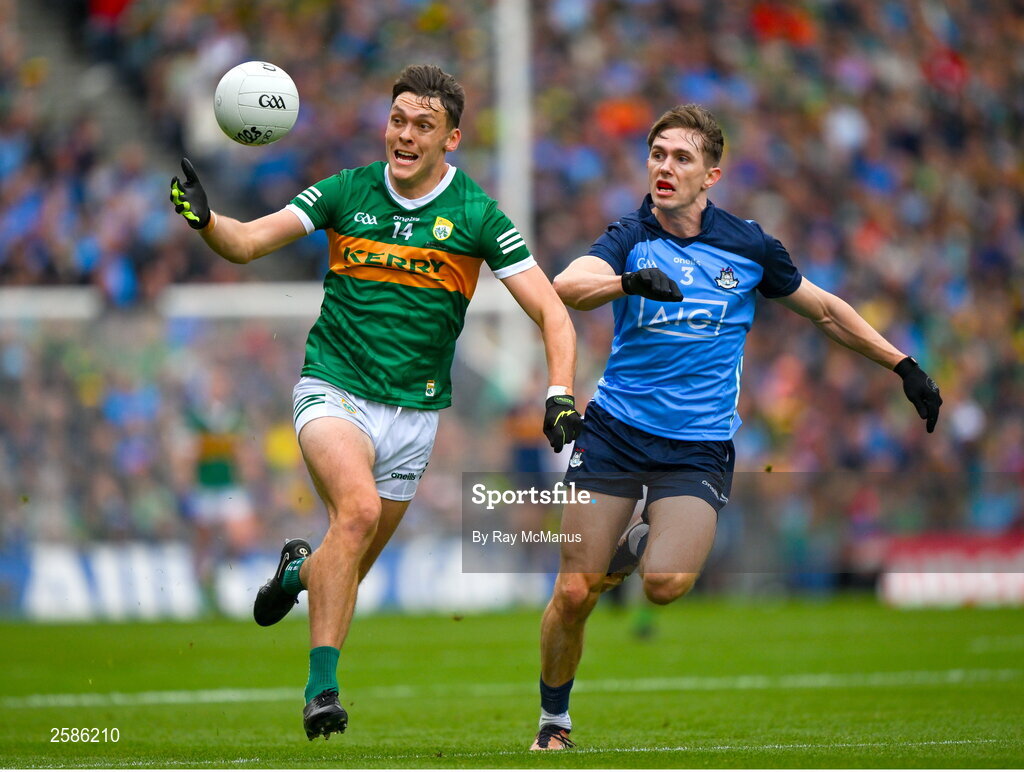 30 July 2023; David Clifford of Kerry is tackled by Michael Fitzsimons of Dublin during the GAA Football All-Ireland Senior Championship final match between Dublin and Kerry at Croke Park in Dublin. Photo by Ray McManus/Sportsfile