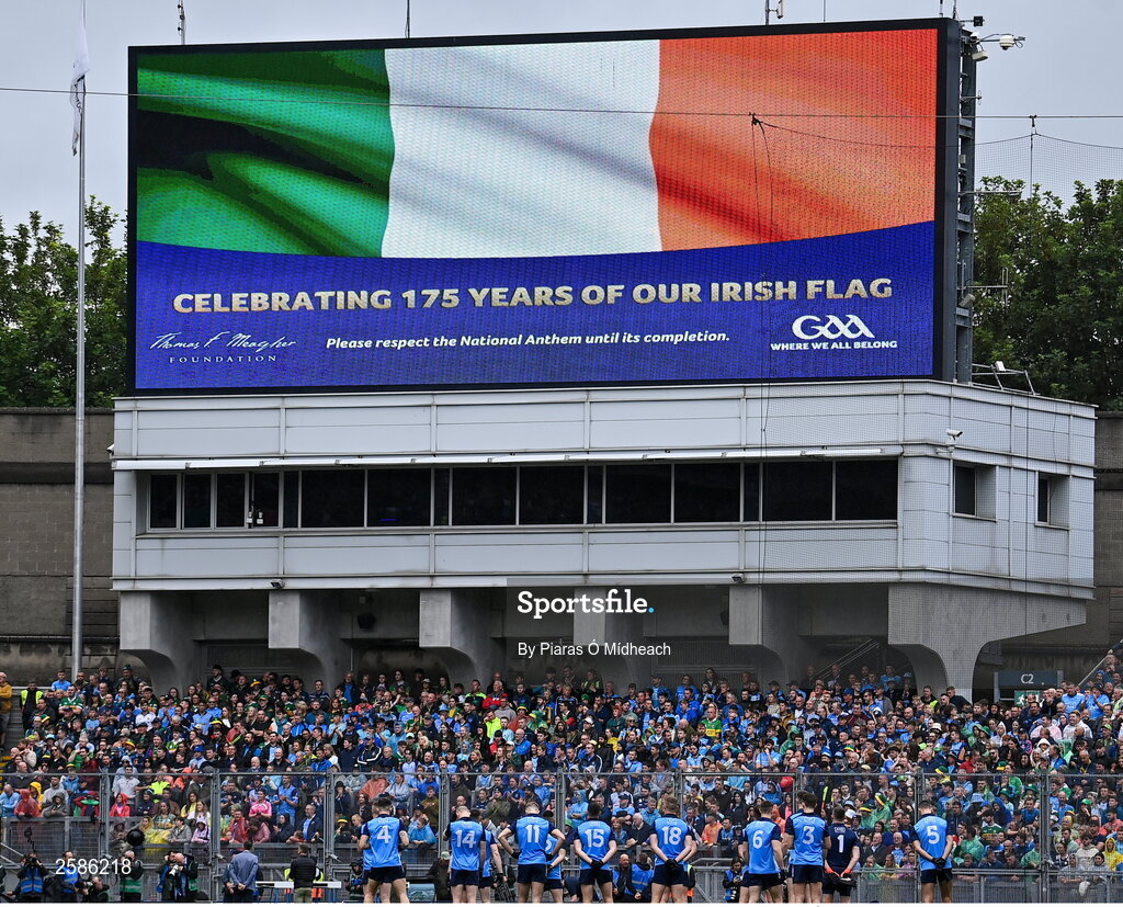 30 July 2023; Dublin players stand for Amhrán na bhFiann before the GAA Football All-Ireland Senior Championship final match between Dublin and Kerry at Croke Park in Dublin. Photo by Piaras Ó Mídheach/Sportsfile
