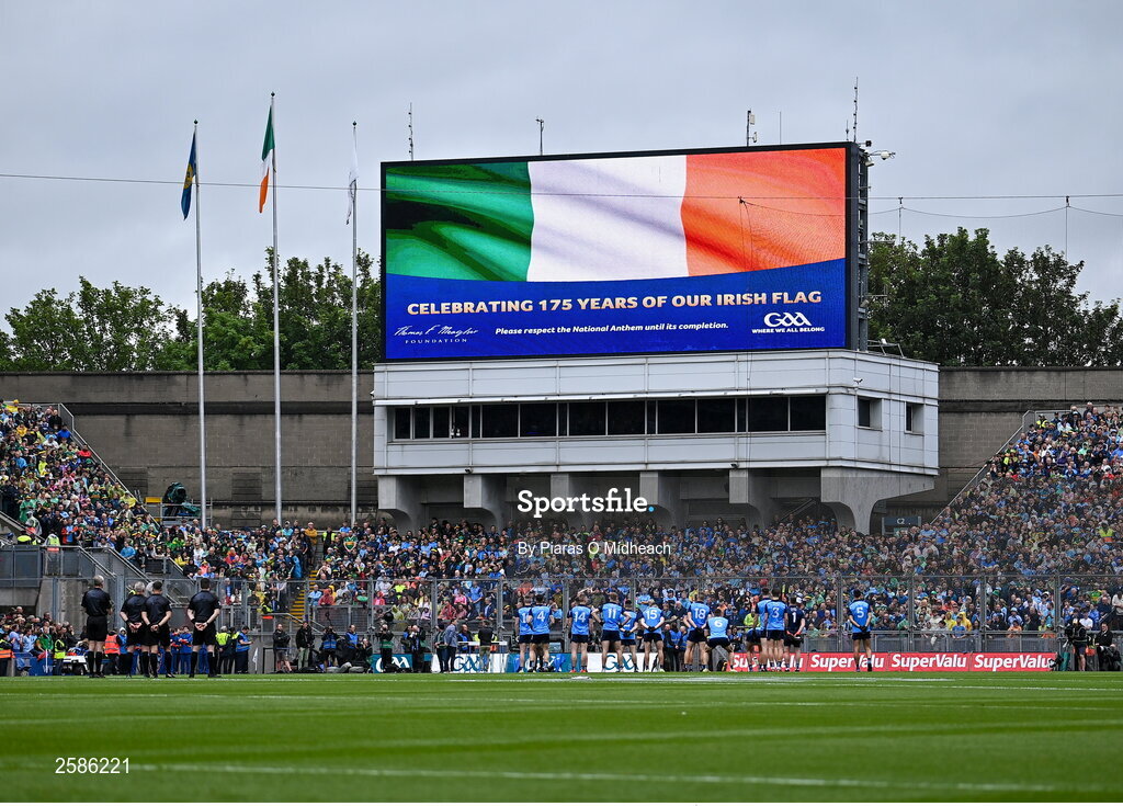 30 July 2023; Dublin players stand for Amhrán na bhFiann before the GAA Football All-Ireland Senior Championship final match between Dublin and Kerry at Croke Park in Dublin. Photo by Piaras Ó Mídheach/Sportsfile
