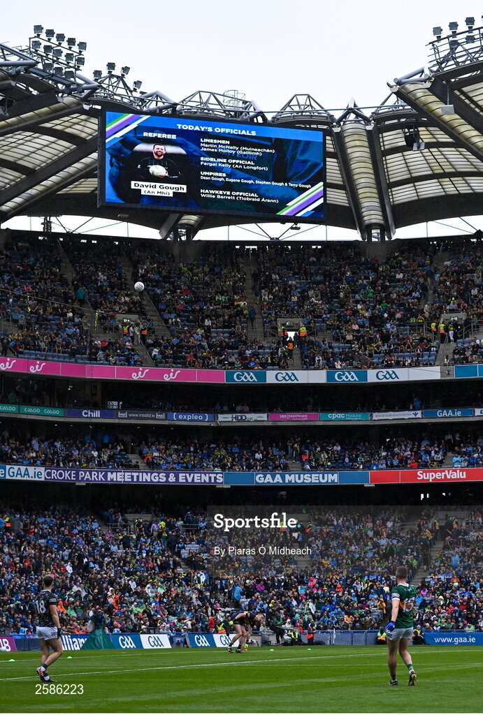 30 July 2023; The names of the match officials are shown on a big screen before the GAA Football All-Ireland Senior Championship final match between Dublin and Kerry at Croke Park in Dublin. Photo by Piaras Ó Mídheach/Sportsfile