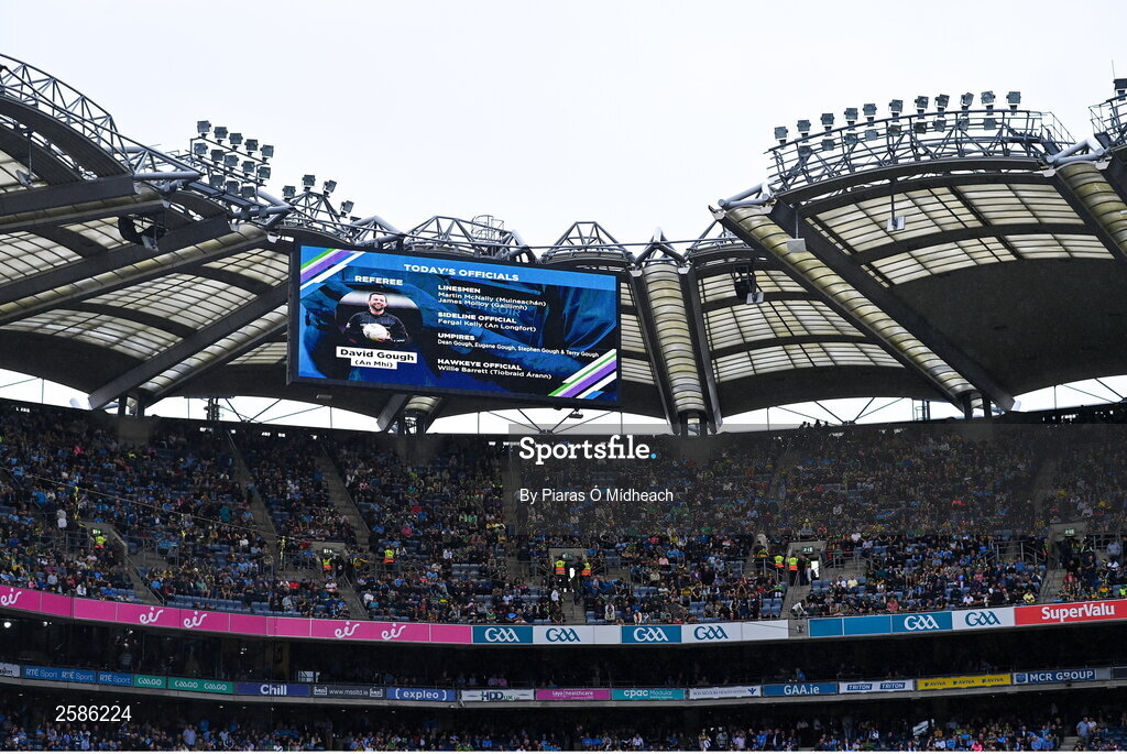 30 July 2023; The names of the match officials are shown on a big screen before the GAA Football All-Ireland Senior Championship final match between Dublin and Kerry at Croke Park in Dublin. Photo by Piaras Ó Mídheach/Sportsfile