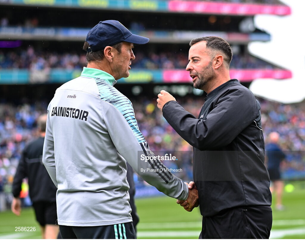 30 July 2023; Kerry manager Jack O'Connor and referee David Gough before the GAA Football All-Ireland Senior Championship final match between Dublin and Kerry at Croke Park in Dublin. Photo by Piaras Ó Mídheach/Sportsfile