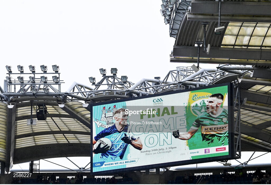 30 July 2023; A big screen before the GAA Football All-Ireland Senior Championship final match between Dublin and Kerry at Croke Park in Dublin. Photo by Piaras Ó Mídheach/Sportsfile