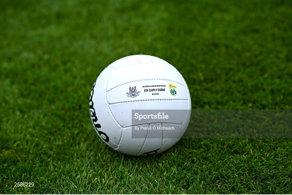 30 July 2023; The match ball before the GAA Football All-Ireland Senior Championship final match between Dublin and Kerry at Croke Park in Dublin. Photo by Piaras Ó Mídheach/Sportsfile