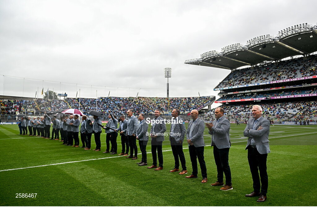 30 July 2023; The 1998 All-Ireland winning Galway jubilee team who were honoured before the GAA Football All-Ireland Senior Championship final match between Dublin and Kerry at Croke Park in Dublin. Photo by Ramsey Cardy/Sportsfile