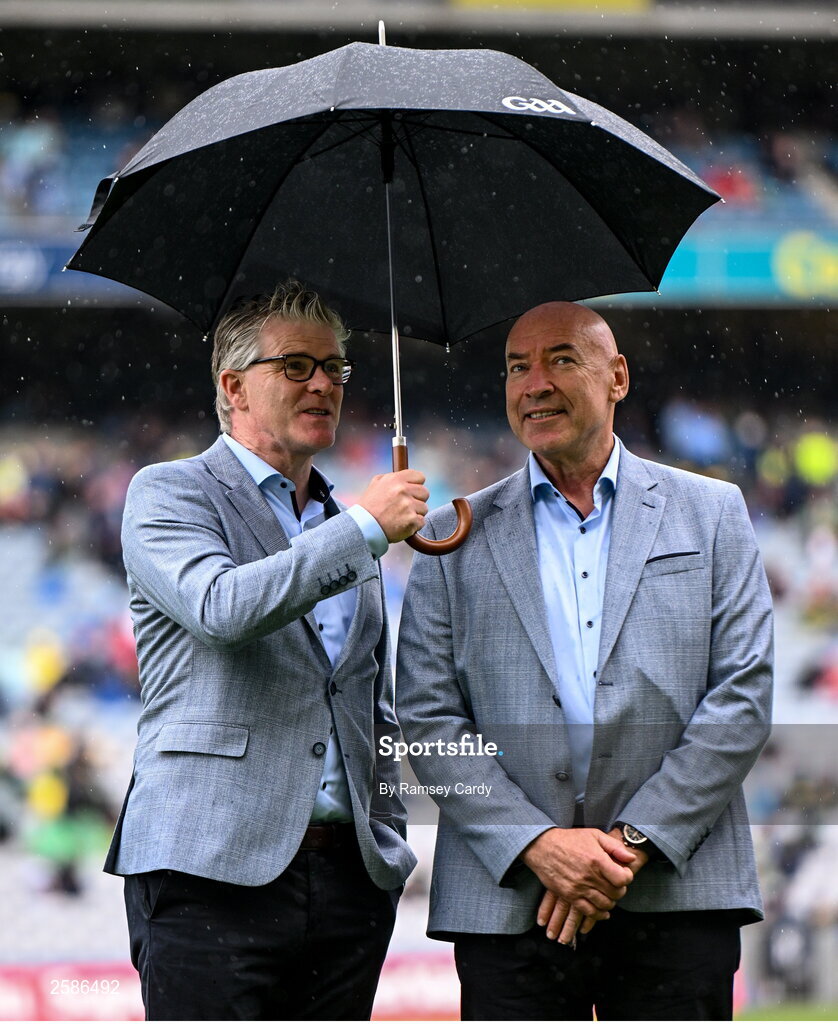 30 July 2023; Niall Finnegan, left, and Pat Comer of the 1998 All-Ireland winning Galway jubilee team who were honoured before the GAA Football All-Ireland Senior Championship final match between Dublin and Kerry at Croke Park in Dublin. Photo by Ramsey Cardy/Sportsfile