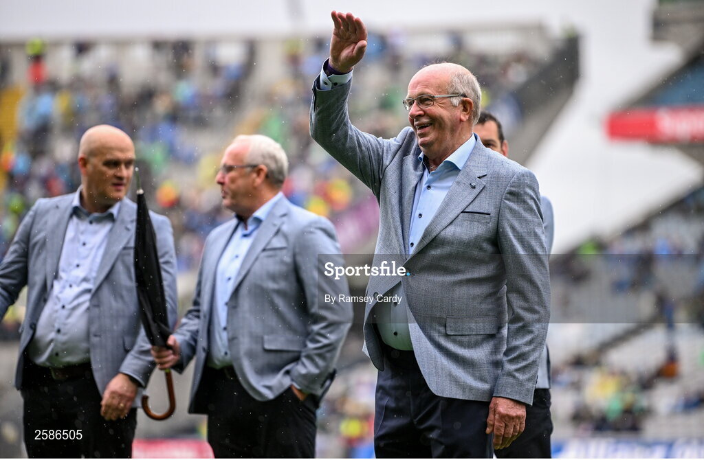 30 July 2023; Richard Fahey, on behalf of Gary Fahey of the 1998 All-Ireland winning Galway jubilee team who were honoured before the GAA Football All-Ireland Senior Championship final match between Dublin and Kerry at Croke Park in Dublin. Photo by Ramsey Cardy/Sportsfile