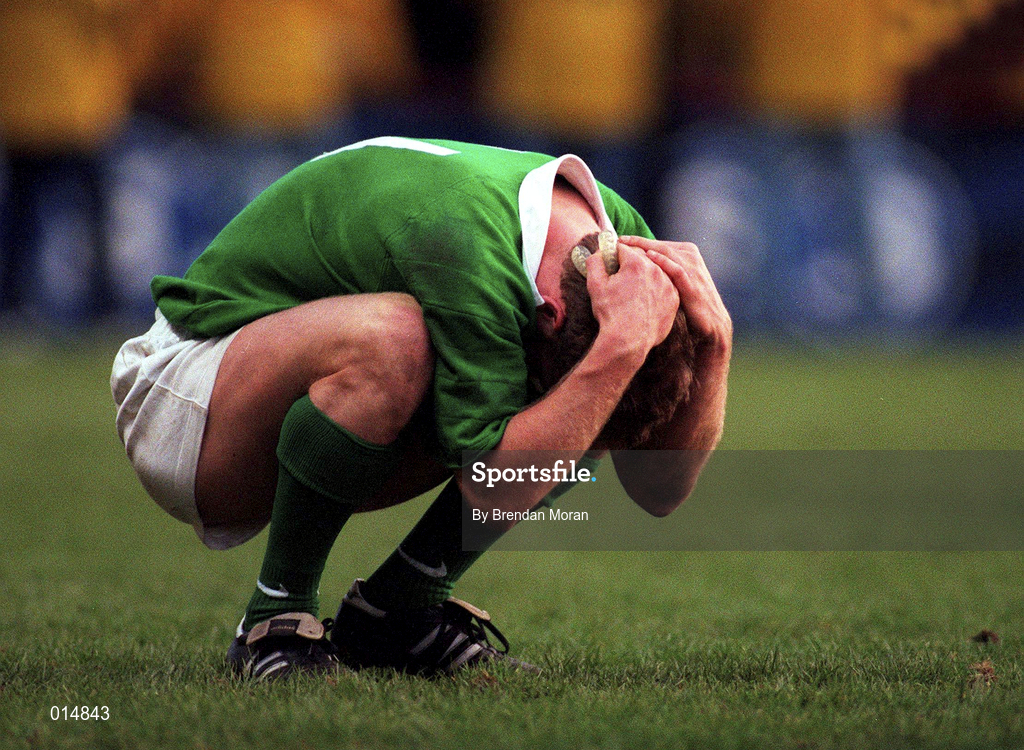 7 February 1998; Denis Hickie of Ireland reacts at the final whistle of the Five Nations Rugby Championship match between Ireland and Scotland at Lansdowne Road in Dublin, Ireland. Photo by Brendan Moran/Sportsfile