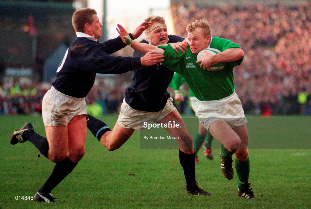 7 February 1998; Mark McCall of Ireland is tackled by Craig Chalmers, left, and Doddie Weir of Scotland during the Five Nations Rugby Championship match between Ireland and Scotland at Lansdowne Road in Dublin, Ireland. Photo by Brendan Moran/Sportsfile
