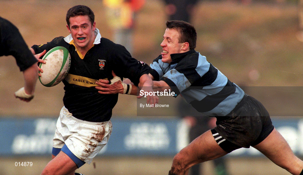 31 January 1998; Jan Cunningham of Ballymena is tackled by Andrew Thompson of Shannon during the All-Ireland League Division 1 match between Shannon RFC and Ballymena RFC at Thomond Park in Limerick. Photo by Matt Browne/Sportsfile