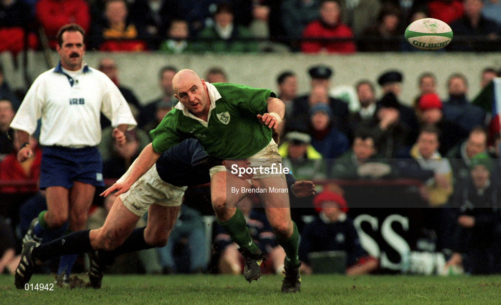 7 February 1998; Keith Wood of Ireland is tackled by Rob Wainwright of Scotland during the Five Nations Rugby Championship match between Ireland and Scotland at Lansdowne Road in Dublin, Ireland. Photo by Brendan Moran/Sportsfile