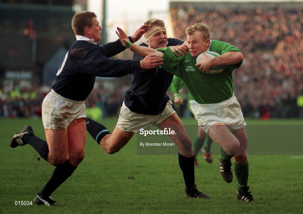 7 February 1998; Mark McCall of Ireland is tackled by Craig Chalmers, left, and Doddie Weir of Scotland during the Five Nations Rugby Championship match between Ireland and Scotland at Lansdowne Road in Dublin, Ireland. Photo by Brendan Moran/Sportsfile