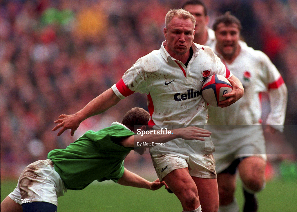 4 April 1998; Neil Back of England is tackled by Conor McGuinness of Ireland during the Five Nations Rugby Championship match between England and Ireland at Twickenham Stadium in London, England. Photo by Matt Browne/Sportsfile