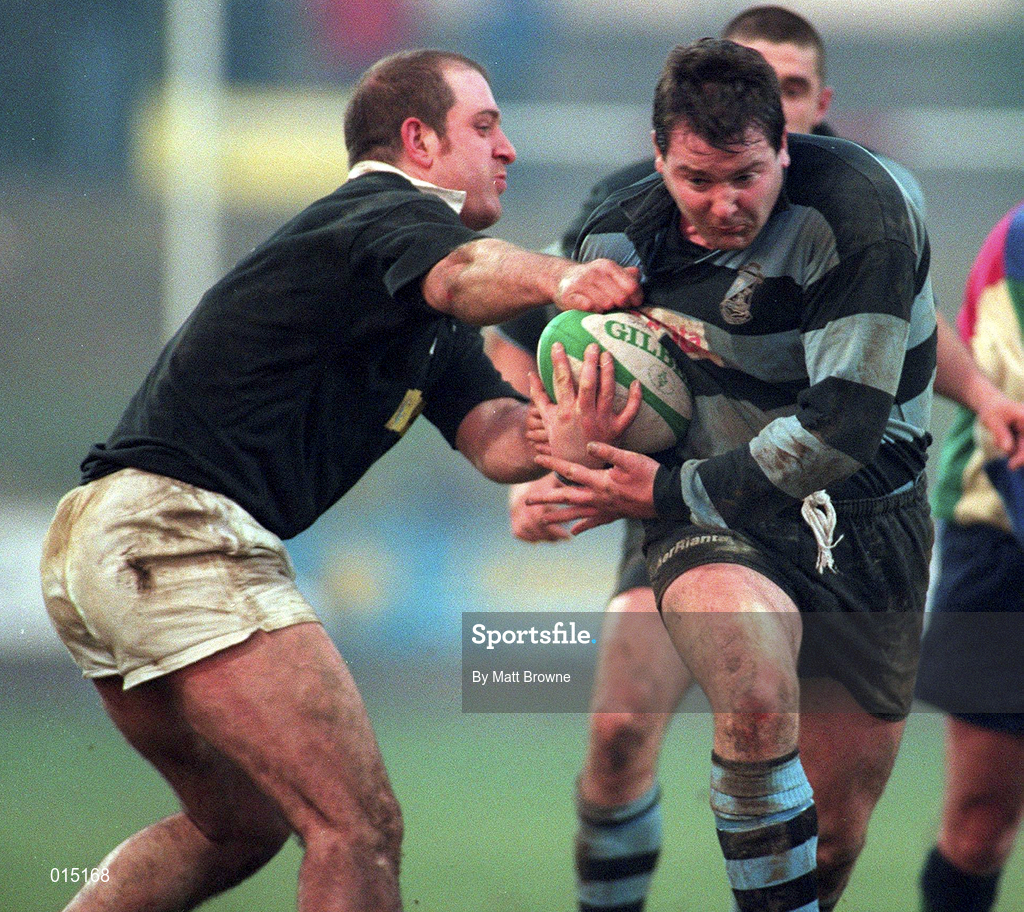 31 January 1998; Anthony Foley of Shannon is tackled by Keith Gallick of Ballymena during the All-Ireland League Division 1 match between Shannon RFC and Ballymena RFC at Thomond Park in Limerick. Photo by Matt Browne/Sportsfile