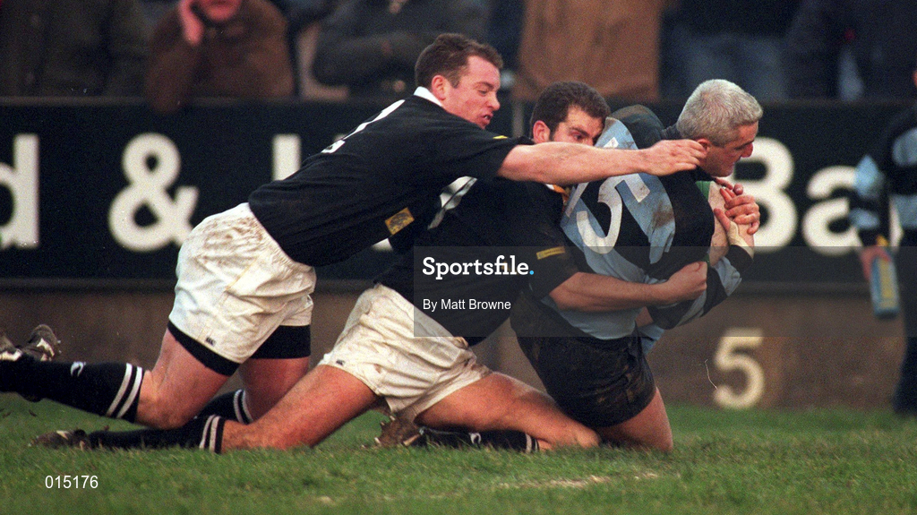 31 January 1998; Billy O'Shea of Shannon goes over to score his side's last minute try despite the tackles of James Topping, left, and Derek McAleese of Ballymena during the All-Ireland League Division 1 match between Shannon RFC and Ballymena RFC at Thomond Park in Limerick. Photo by Matt Browne/Sportsfile